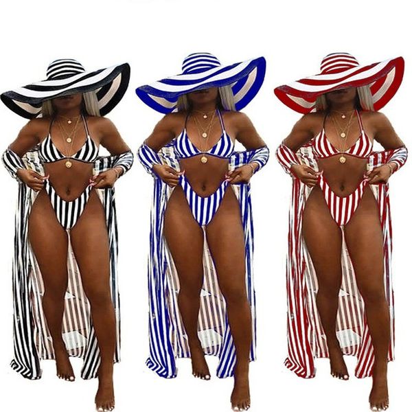 women's swimwear striped 3 pieces bikinis sets women halter bra breif long cover shirt summer swimsuit beach wear goth vacation clothes, White;black
women's swimwear striped 3 pieces bikinis sets women halter bra breif long cover shirt summer swimsuit beach wear goth vacation clothes, White;black