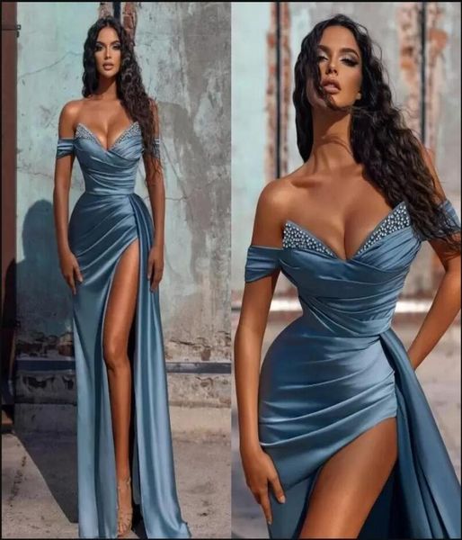 light blue off shoulder mermaid prom dresses beaded pleats draped high split side sweep train evening gowns formal dress cust9738700, Black
light blue off shoulder mermaid prom dresses beaded pleats draped high split side sweep train evening gowns formal dress cust9738700, Black