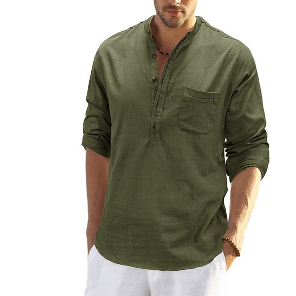 men s dress shirts autumn and winter cotton linen shirt for men foreign trade long sleeve henley collar loose 230707, White;black 
men s dress shirts autumn and winter cotton linen shirt for men foreign trade long sleeve henley collar loose 230707, White;black