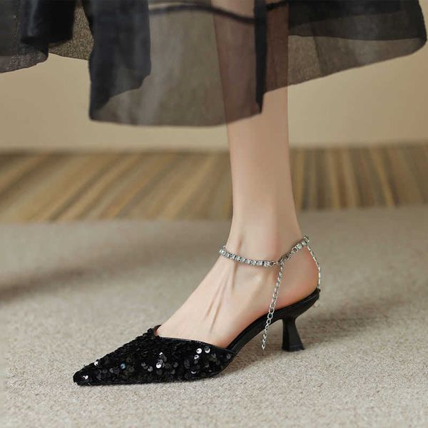 lady sandals back empty women's sequin black rhinestone dress pointed one line strap single shoes high heels 230626
lady sandals back empty women's sequin black rhinestone dress pointed one line strap single shoes high heels 230626