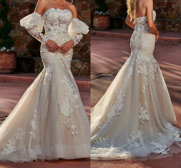 designer mermaid wedding dresses 3d floral lace appliqued with removable puff long sleeves vintage bridal gowns strapless slim fit bride rob, White
designer mermaid wedding dresses 3d floral lace appliqued with removable puff long sleeves vintage bridal gowns strapless slim fit bride rob, White