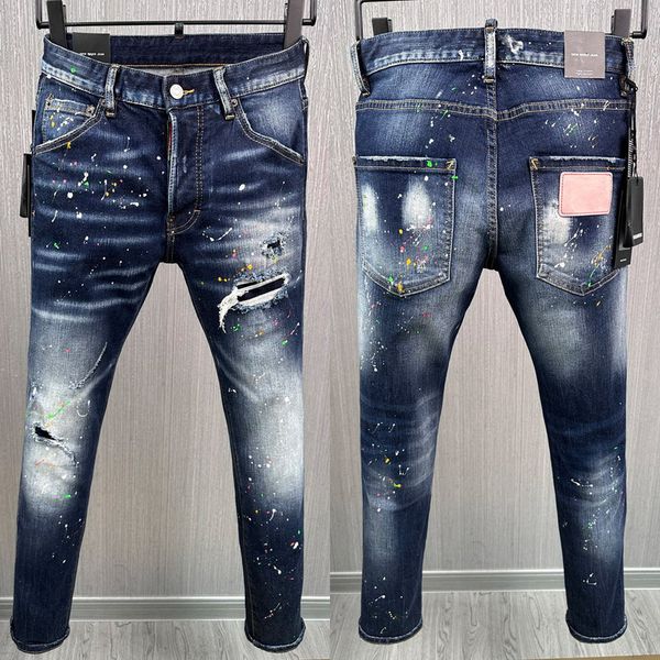 euro style bleached jeans man button fly painted slim leg, Blue