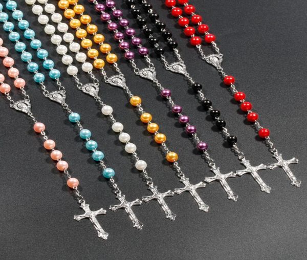 

7 colors religious catholic rosary necklaces jesus cross pendant long 8mm bead chains for women men christian jewelry gift2785382, Silver