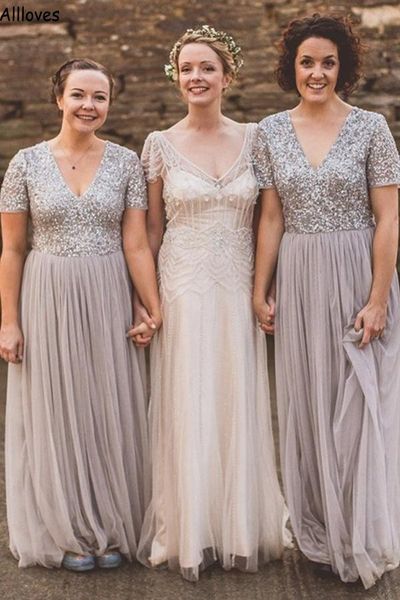 silver sequined tulle a line bridesmaid dresses plus size v neck short sleeves rustic country boho wedding guest party gowns long maid of ho, White;pink
silver sequined tulle a line bridesmaid dresses plus size v neck short sleeves rustic country boho wedding guest party gowns long maid of ho, White;pink
