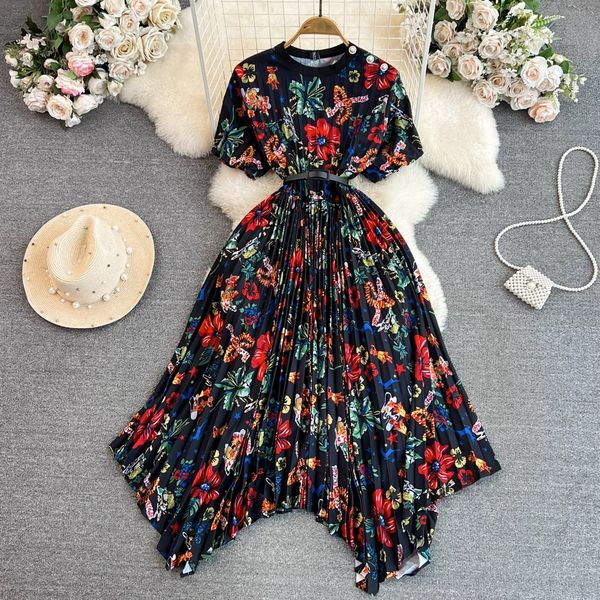 light mature style retro temperament round neck with irregular waistband a-line printed pleated dress elegant large hem long skirt, Black;gray
light mature style retro temperament round neck with irregular waistband a-line printed pleated dress elegant large hem long skirt, Black;gray
