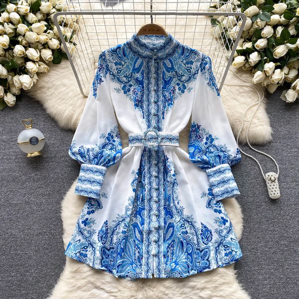 

Basic Casual Dresses New Fashion Stand Collar Long Sleeve Vintage Ethnic Print A-line Short Dress Women Summer Single Breasted Elegant Vestidos 2023, Same as picture1