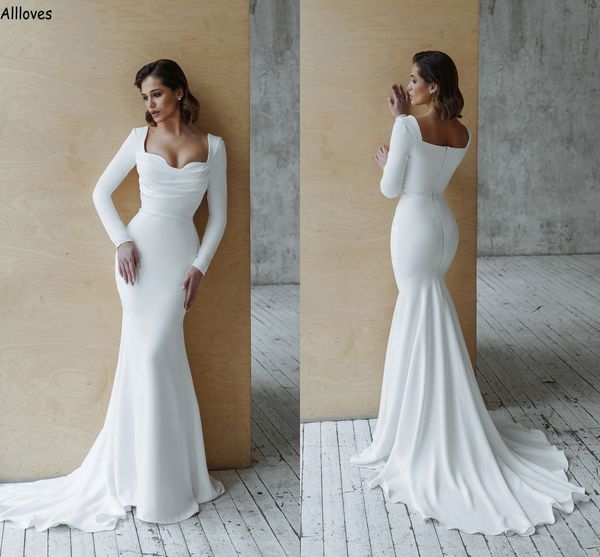 modern white satin mermaid wedding dresses with long sleeves simple boho garden bridal gowns pleated solid sweep train reception party gowns
modern white satin mermaid wedding dresses with long sleeves simple boho garden bridal gowns pleated solid sweep train reception party gowns