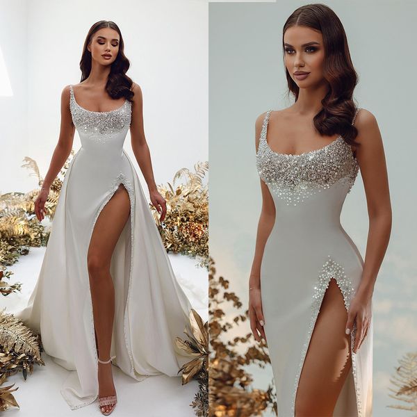 design romantic satin mermaid wedding dress 2023 spaghetti pearls beading custom made bridal gowns, White
design romantic satin mermaid wedding dress 2023 spaghetti pearls beading custom made bridal gowns, White