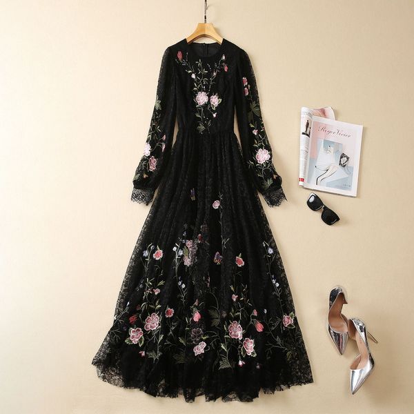 european and american women's dress 2023 summer new style round neck long sleeve flowers embroidered lace fashion pleated dress, Black;gray
european and american women's dress 2023 summer new style round neck long sleeve flowers embroidered lace fashion pleated dress, Black;gray