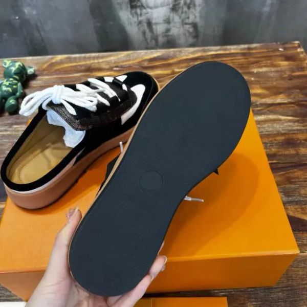 lous open back sneaker designer moral training half slipper classic man woman leisure baotou slippers cowhide noodles sheepskin inner, Black