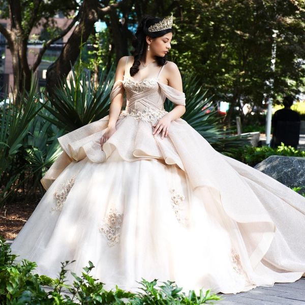 champagne shiny spaghetti straps tiered quinceanera dress ball gown crystal appliques lace 3dflower corset vestido de 15 anos, Blue;red
champagne shiny spaghetti straps tiered quinceanera dress ball gown crystal appliques lace 3dflower corset vestido de 15 anos, Blue;red
