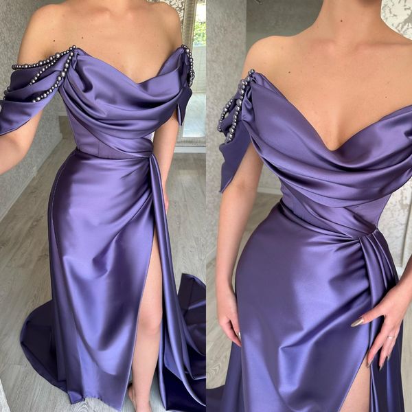 glamourous satin prom dresses pearsl off shoulder purple evening gowns pleats ruches slit formal long special occasion party dress, Black
glamourous satin prom dresses pearsl off shoulder purple evening gowns pleats ruches slit formal long special occasion party dress, Black
