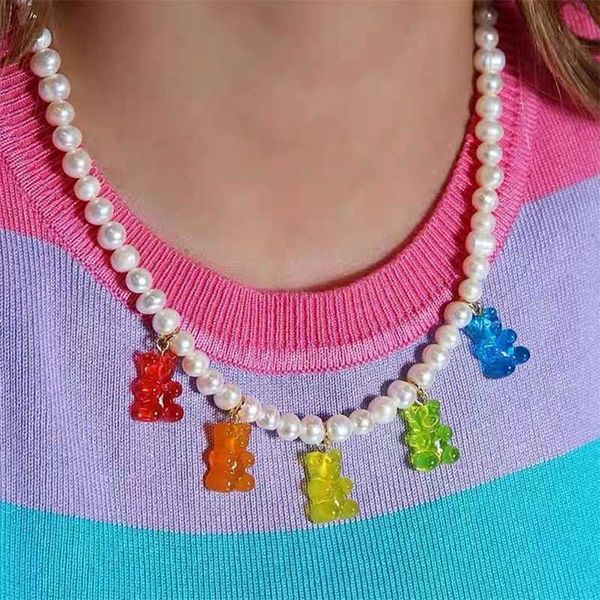 beaded necklaces y2k white imitation pearl cartoon bear choker necklace for women cz gummy pendant string beads jewely 230613, Silver