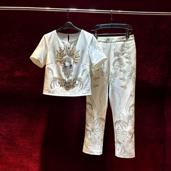 european and american women's dress 2023 summer new style short-sleeved beaded crew-neck t-shirt ninth pants fashion suit, White
european and american women's dress 2023 summer new style short-sleeved beaded crew-neck t-shirt ninth pants fashion suit, White
