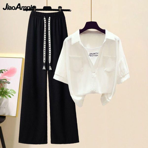capris women's summer new casual matching set 2023 korean chic loose fake two piece short sleeve shirt+wide leg pants two piece suit, Black;white
capris women's summer new casual matching set 2023 korean chic loose fake two piece short sleeve shirt+wide leg pants two piece suit, Black;white