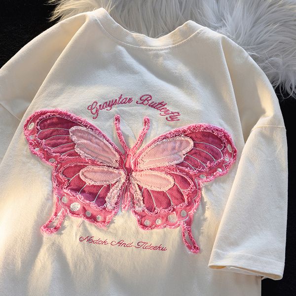 women's tshirt women tshirts butterfly denim patch embroidery shortsleeved tshirt female harajuku cotton loose streetwear y2k clothes, White
women's tshirt women tshirts butterfly denim patch embroidery shortsleeved tshirt female harajuku cotton loose streetwear y2k clothes, White