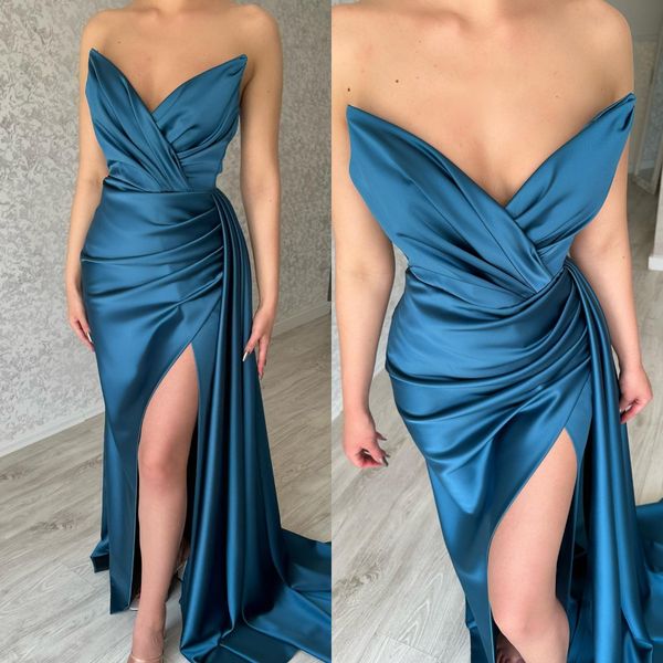glamourous navy blue prom dresses v neck satin evening gowns pleats slit formal long special occasion party dress, Black
glamourous navy blue prom dresses v neck satin evening gowns pleats slit formal long special occasion party dress, Black