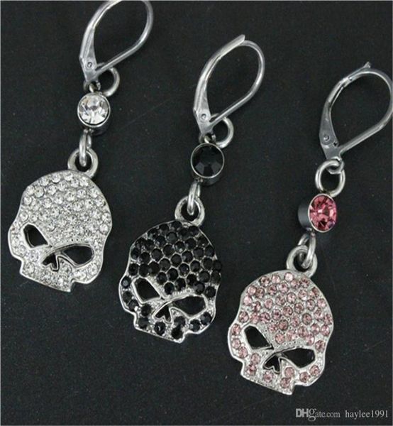 3pairslot whole crystal biker style skull earrings 316l stainless steel fashion jewelry motorbiker cool skull earrings1093719, Golden