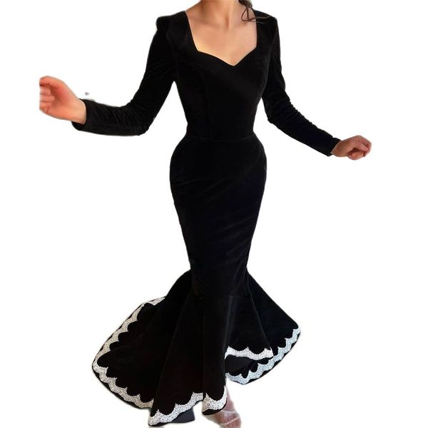 classic black velvet evening dresses lace appliques asymmetrical evening party gown long sleeve fishtail prom dress, White;black
classic black velvet evening dresses lace appliques asymmetrical evening party gown long sleeve fishtail prom dress, White;black