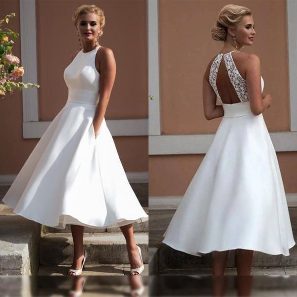 simple white satin lace tea length wedding dresses plus size backless short wedding dress halter bridal gowns
simple white satin lace tea length wedding dresses plus size backless short wedding dress halter bridal gowns