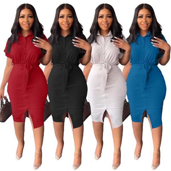 2023 designer dresses womens solid color short sleeve split shirt dress with belt ladys summer clothing, Black;gray
2023 designer dresses womens solid color short sleeve split shirt dress with belt ladys summer clothing, Black;gray