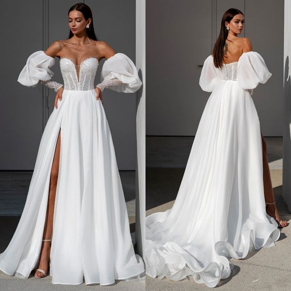 a line wedding dresses for bride puffy sleeves sheer neck sequins sweetheart wedding dress slit long designer bridal gowns sweep train, White
a line wedding dresses for bride puffy sleeves sheer neck sequins sweetheart wedding dress slit long designer bridal gowns sweep train, White