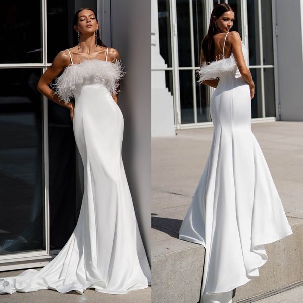 glamourous mermaid wedding dresses satin spaghetti feathers wedding dress backless robe de mariee bridal gowns, White
glamourous mermaid wedding dresses satin spaghetti feathers wedding dress backless robe de mariee bridal gowns, White