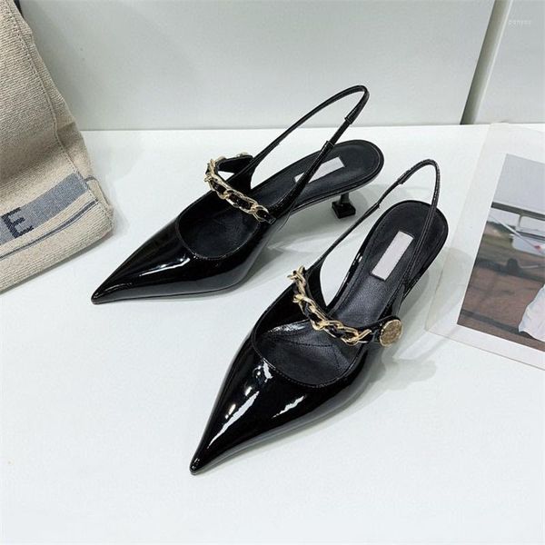 sandals european and american patent leather metal chain with mid heeled baotou for women's summer pointed slim heels, Black
sandals european and american patent leather metal chain with mid heeled baotou for women's summer pointed slim heels, Black