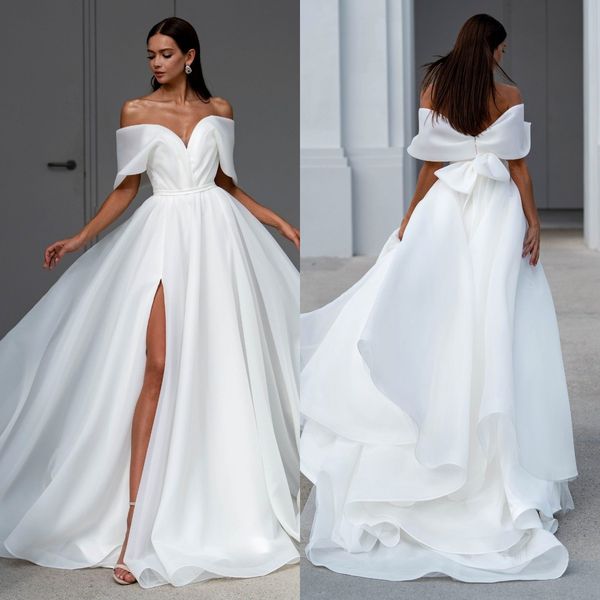 a line wedding dresses for bride off shoulder organza wedding dress bow knot backless ruched slit long designer bridal gowns sweep train, White
a line wedding dresses for bride off shoulder organza wedding dress bow knot backless ruched slit long designer bridal gowns sweep train, White