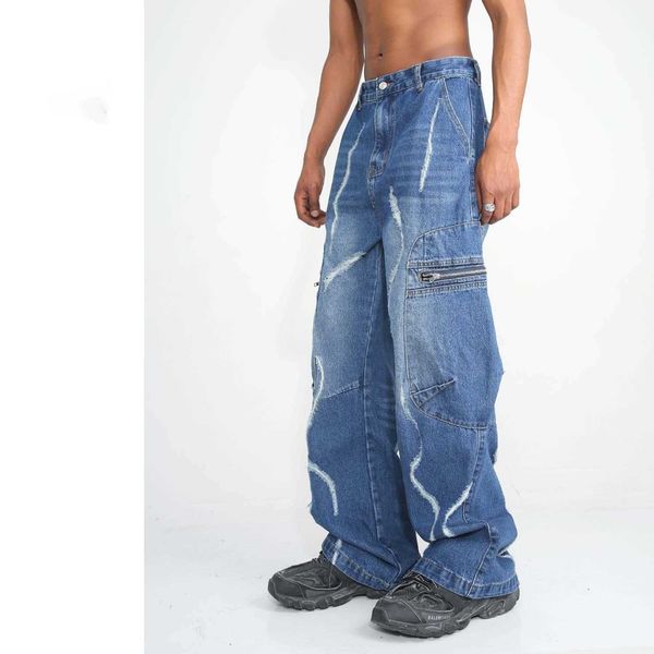 men's jeans designer original 2023 new loose straight zipper hip hop cargo pants big pockets worn out wide leg denim pants, Blue
men's jeans designer original 2023 new loose straight zipper hip hop cargo pants big pockets worn out wide leg denim pants, Blue