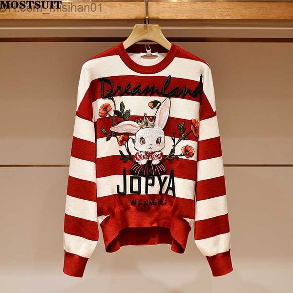 women's sweaters rabbit embroidered striped sweater for women's fashionable and unique loose patterned with long sleeved o-neck fo, White;black
women's sweaters rabbit embroidered striped sweater for women's fashionable and unique loose patterned with long sleeved o-neck fo, White;black