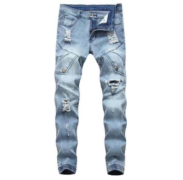 men biker jeans hole ripped light blue color bunch of foot slim fit all season casual style skinny pants1451962
men biker jeans hole ripped light blue color bunch of foot slim fit all season casual style skinny pants1451962