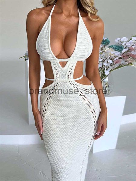 

basic casual dresses wsevypo women halter tie-up knit crochet beach dress backless sleeveless deep v cutout waist wrapped bodycon dress club, Black;gray