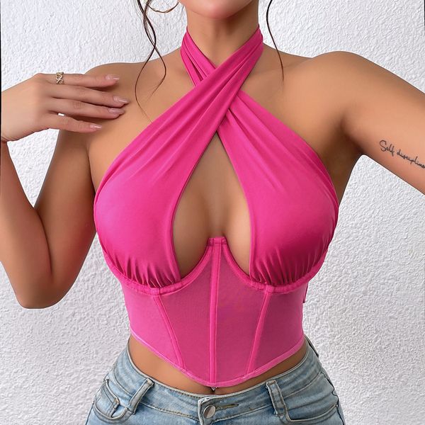 women's tanks women's clothing lucency contrasting colors net cloth solid color backless cross halter tank, White
women's tanks women's clothing lucency contrasting colors net cloth solid color backless cross halter tank, White