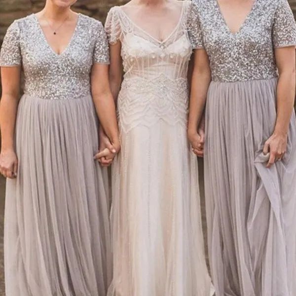 silver sequins bridesmaid dresses short sleeves floor length v neck tulle beach plus size wedding guest gowns custom made formal evening wea, White;pink
silver sequins bridesmaid dresses short sleeves floor length v neck tulle beach plus size wedding guest gowns custom made formal evening wea, White;pink