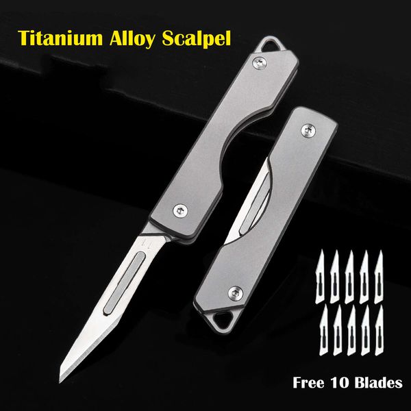 mini titanium alloy folding scalpel portable key buckle edc outdoor unpacking pocket knife with 10pcs replaceable blades, Silver