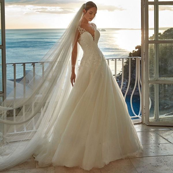 graceful a line wedding dresses v neck lace appliques sequin bridal dress for women backless button vestidos de novia custom made, White
graceful a line wedding dresses v neck lace appliques sequin bridal dress for women backless button vestidos de novia custom made, White