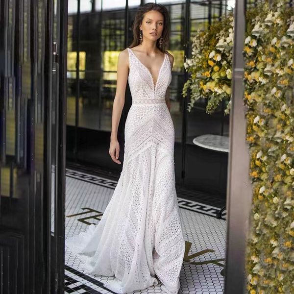 2023 beach arabic charming mermaid wedding dresses boho illusion full lace appliques crystal beading v neck chapel train formal bridal gowns, White
2023 beach arabic charming mermaid wedding dresses boho illusion full lace appliques crystal beading v neck chapel train formal bridal gowns, White