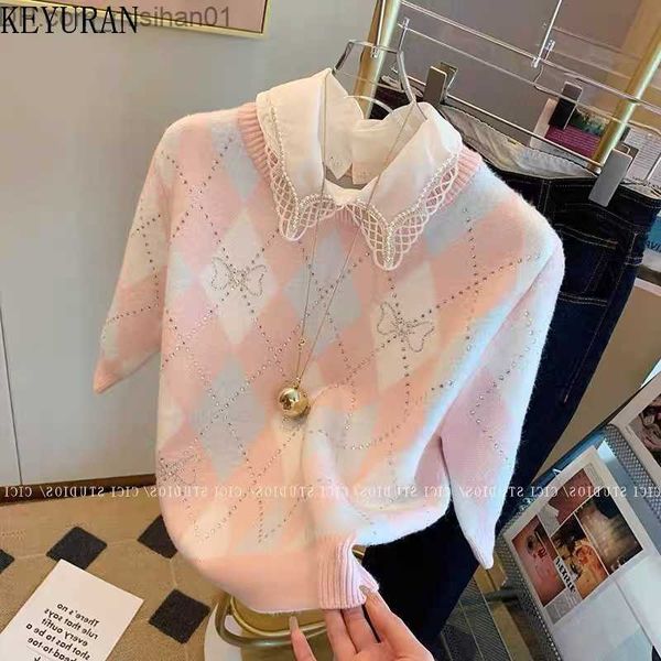 women's sweaters korean version pink argyle short sleeved sweater for women's spring 2023 new design diamond embellishment fake tw, White;black 
women's sweaters korean version pink argyle short sleeved sweater for women's spring 2023 new design diamond embellishment fake tw, White;black