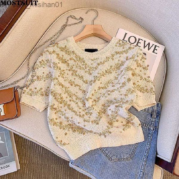 women's sweaters 2023 summer fashion beaded sweater women's knitted t-shirt short sleeve o-neck fashion elegant retro women's, White;black
women's sweaters 2023 summer fashion beaded sweater women's knitted t-shirt short sleeve o-neck fashion elegant retro women's, White;black