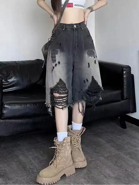 women's shorts y2k summer women vintage streetwear black ripped denim high waist knee length wide leg baggy short pants harajuku clothe, White;black
women's shorts y2k summer women vintage streetwear black ripped denim high waist knee length wide leg baggy short pants harajuku clothe, White;black