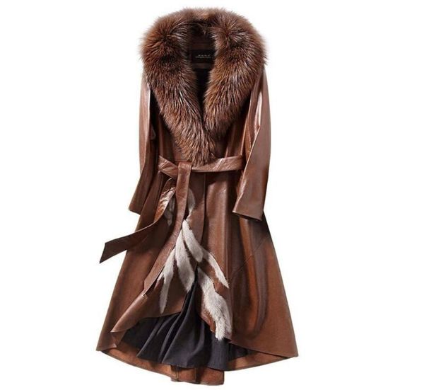 women real sheepskin long leather coat with fox fur collar f0271 coats women 3 colors6216574, Black 
women real sheepskin long leather coat with fox fur collar f0271 coats women 3 colors6216574, Black
