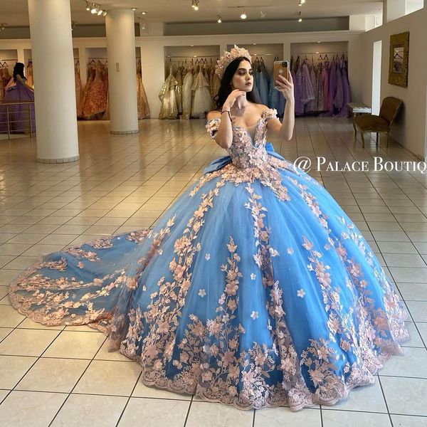sky blue 3d floral lace princess quinceanera dresses off shoulder bow corset charro prom sweet 15 vestidos de xv anos, Blue;red
sky blue 3d floral lace princess quinceanera dresses off shoulder bow corset charro prom sweet 15 vestidos de xv anos, Blue;red