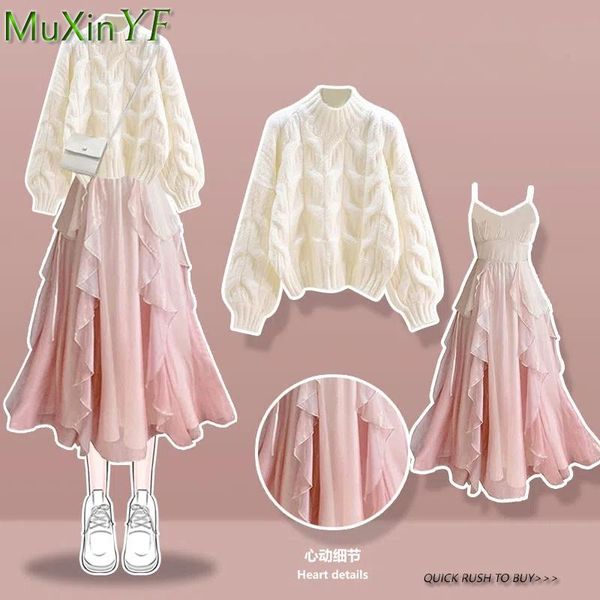 sweaters 2023 spring women's cloting korean lady sweet elegant ruffles camisole dress knit coats outfits graceful long dress sweater se, White;black
sweaters 2023 spring women's cloting korean lady sweet elegant ruffles camisole dress knit coats outfits graceful long dress sweater se, White;black