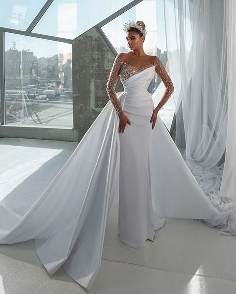 luxury plus size mermaid wedding dresses bohemian beaded sheer neck long illusion sleeves bodice beach bridal gown with long train boho vest, White
luxury plus size mermaid wedding dresses bohemian beaded sheer neck long illusion sleeves bodice beach bridal gown with long train boho vest, White