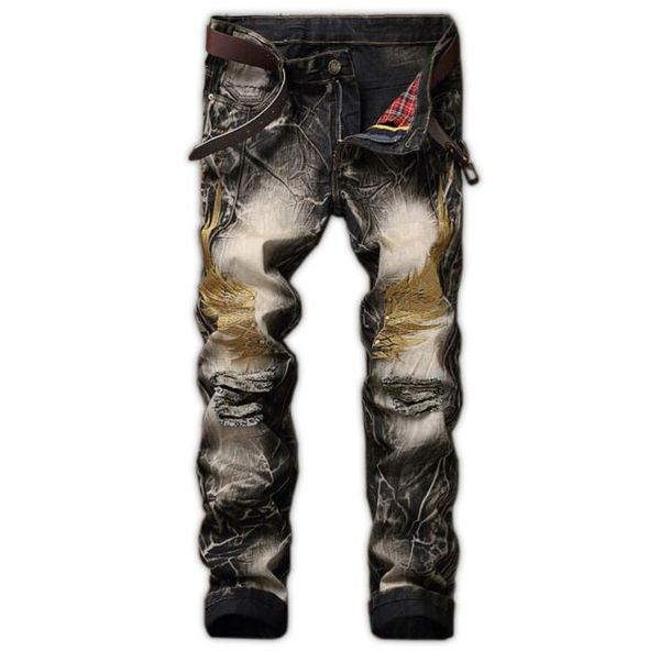 men039s jeans 2 hole jeans men039s retro men039s pants straight slim wings embroidered skinny jeans with 445274, Blue