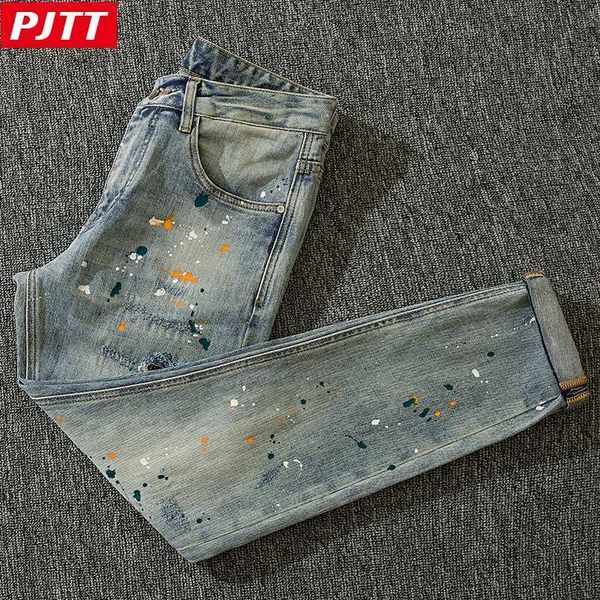high end european denim jeans for men with splashed ink paint dots, light color holes, trendy brand ins high street 2023 thin korean version, White;black
high end european denim jeans for men with splashed ink paint dots, light color holes, trendy brand ins high street 2023 thin korean version, White;black