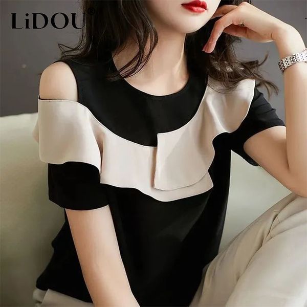 women's t-shirt summer fashion elegant ruffles off the shoulder pullover chiffon shirt lady short sleeve temperament women patchwork bl, White
women's t-shirt summer fashion elegant ruffles off the shoulder pullover chiffon shirt lady short sleeve temperament women patchwork bl, White