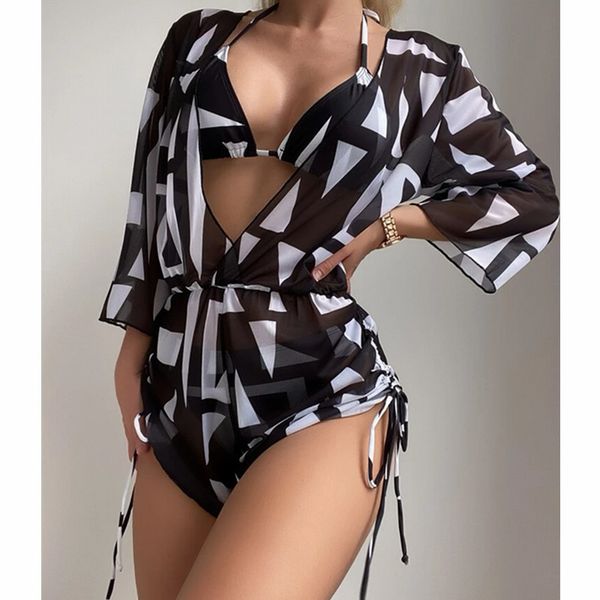 long sleeve mesh waist one-piece swimsuit high waist printed drawstring european and american three-piece bikini, White;black
long sleeve mesh waist one-piece swimsuit high waist printed drawstring european and american three-piece bikini, White;black