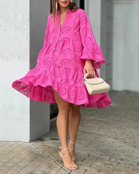basic casual dresses 2023 summer women hollow out elegant vintage solid lace dress vneck loose embroidery vestidos beach mini 230710, Black;gray 
basic casual dresses 2023 summer women hollow out elegant vintage solid lace dress vneck loose embroidery vestidos beach mini 230710, Black;gray